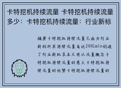 卡特挖机持续流量 卡特挖机持续流量多少：卡特挖机持续流量：行业新标杆